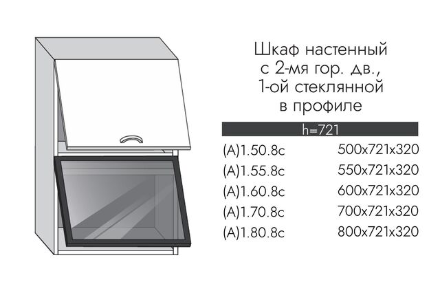 1.80.8с Шкаф настенный (h=720) на 800 с 2 гор.дв., 1 ст.дв ПРОФИЛЬ ЧЕРНЫЙ, СТЕКЛО ГРАФИТ