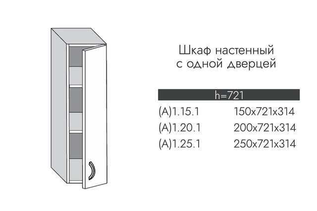 А1.20.1 АЛЬФА ЭВЕЛИН Шкаф настенный (h=720) на 200мм с 1-ой дверцей