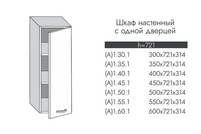 А1.45.1 АЛЬФА ГРЕЙС Шкаф настенный (h=720) на 450мм с 1-ой дверцей