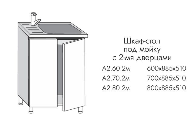 А2.60.2м АЛЬФА ЭВЕЛИН Шкаф-стол на 600мм под врезную мойку с 2-мя дверцами